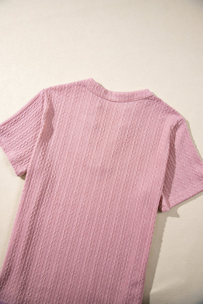 Pink Twisted Textured V Neck Short Sleeve Top