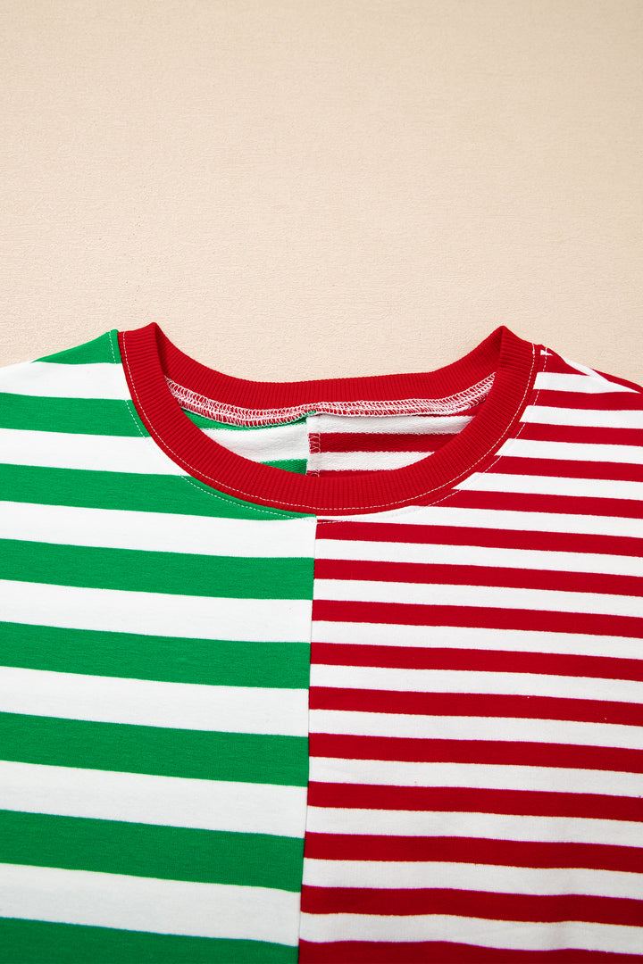 Green Stripe Contrasted Color Block Patchwork Baggy Sweatshirt