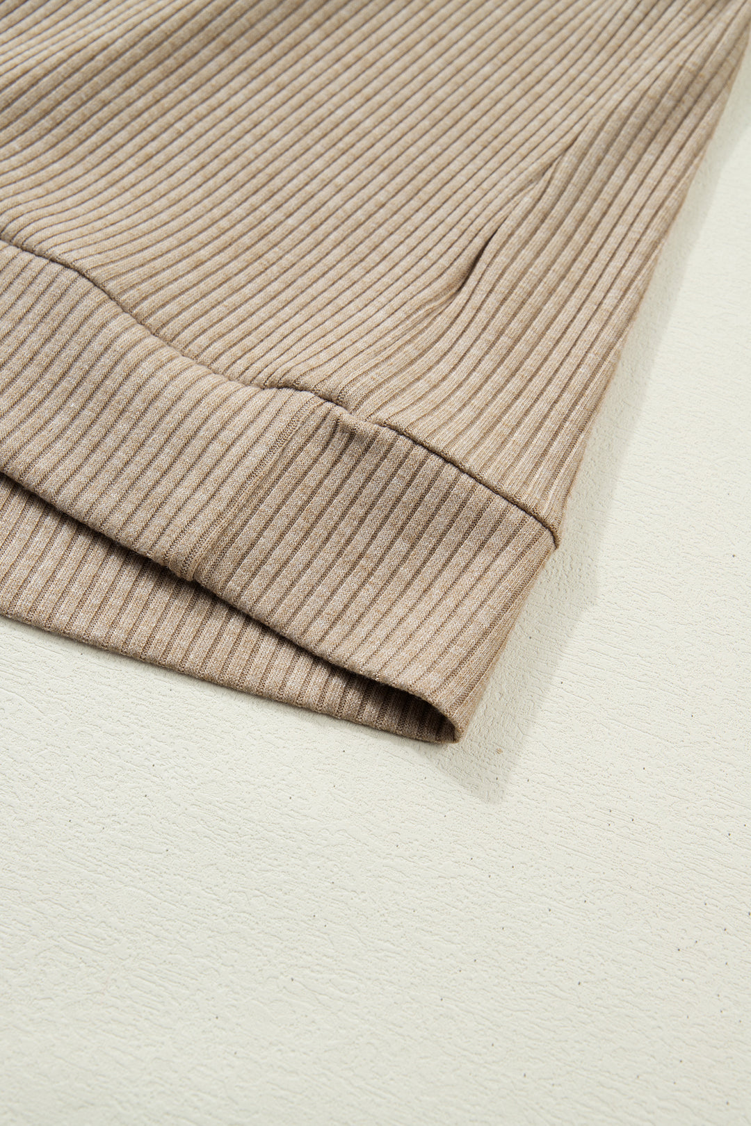 Beige Ribbed Knit Denim Patchwork Button Polo Collar Cuffed Long Sleeve Top