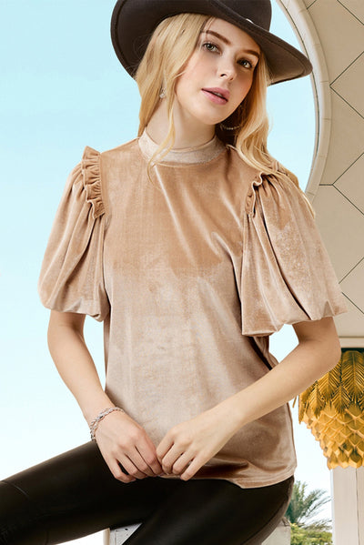 Light French Beige Frilly Puff Sleeve Mock Neck Blouse