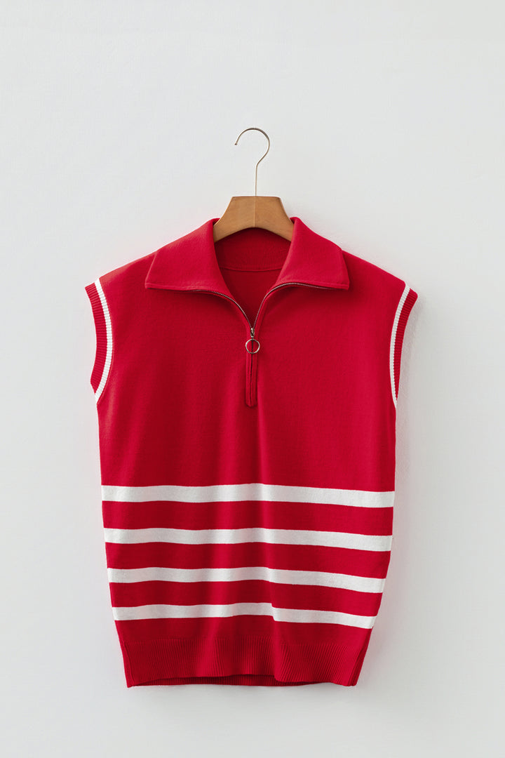 Fiery Red Quarter Zip Striped Detail Short Sleeve Sweater