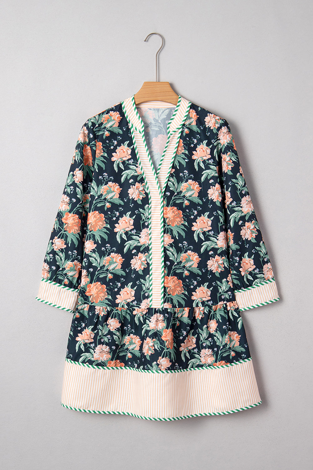 Blue Floral Print Striped Trim V Neck Long Sleeve Ruffle Hem Shift Mini Dress