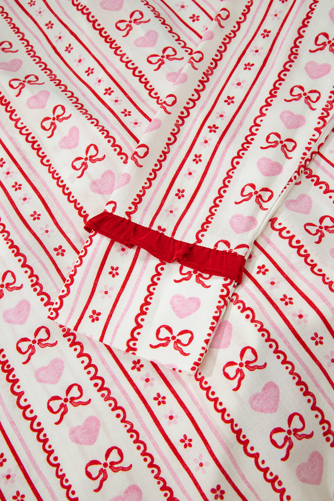 Red Sweet Floral Heart Bow Print Contrast Trim Long Sleeve Shirt Pajama Short Set
