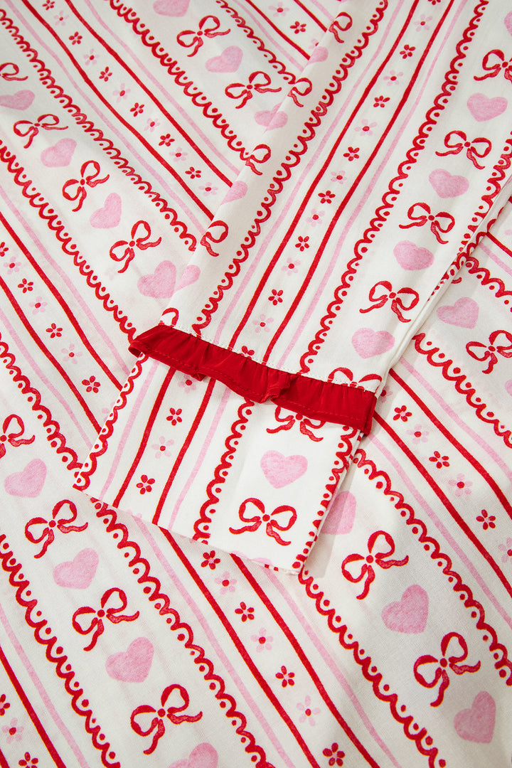 Red Sweet Floral Heart Bow Print Contrast Trim Long Sleeve Shirt Pajama Short Set
