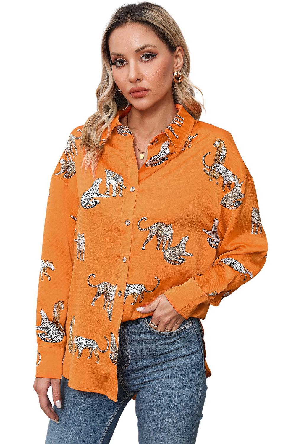 Russet Orange Cheetah Animal Print Button Up Satin Shirt