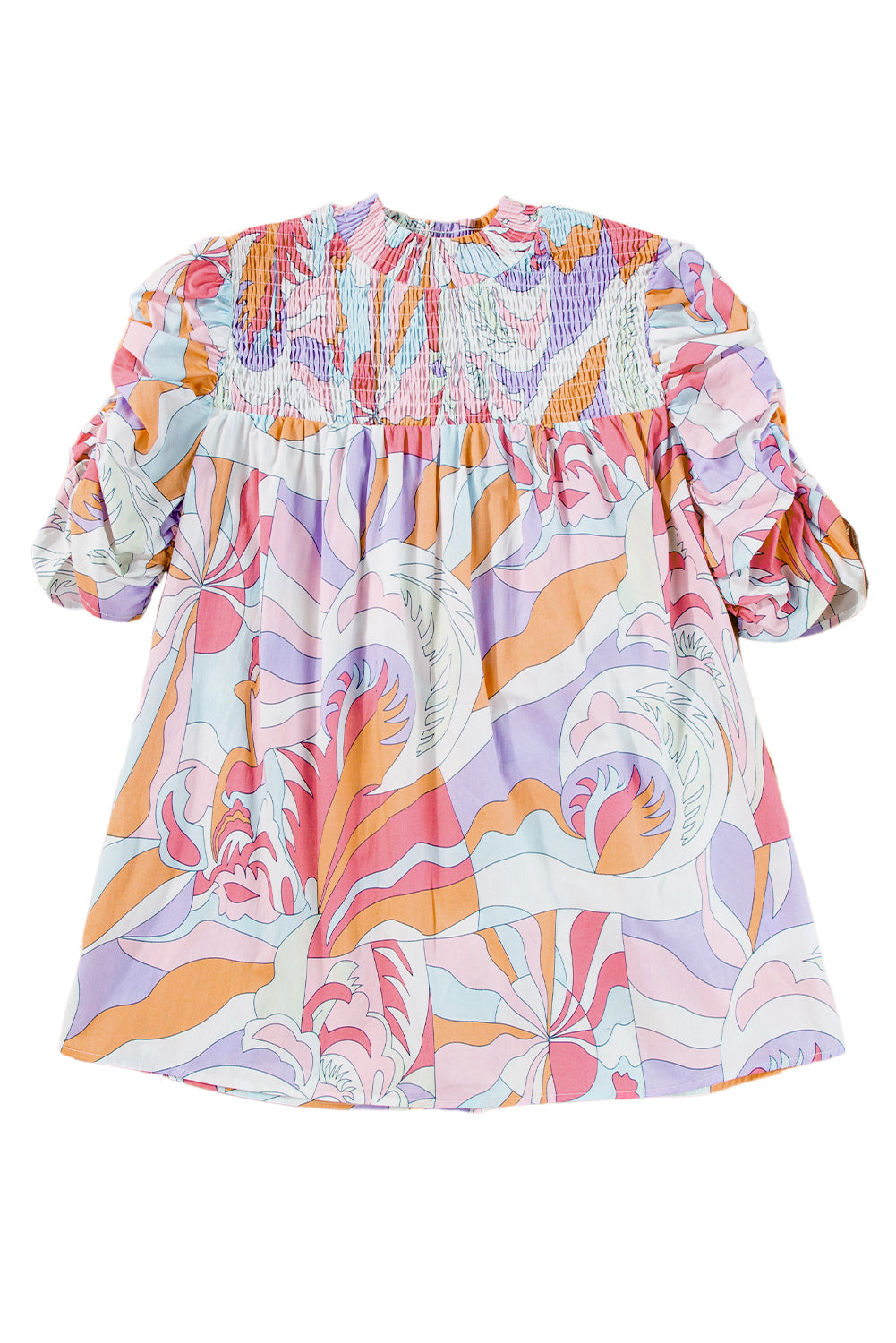 Pink Abstract Print Bubble Sleeve Smock Detail Blouse