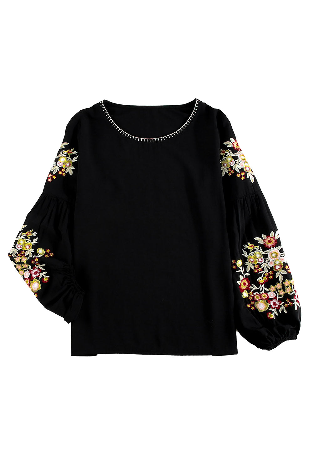 Black Floral Embroidery Long Sleeve Top