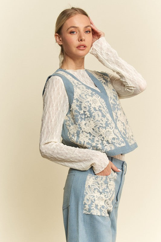 Davi & Dani Lace Patch Open Front Denim Vest