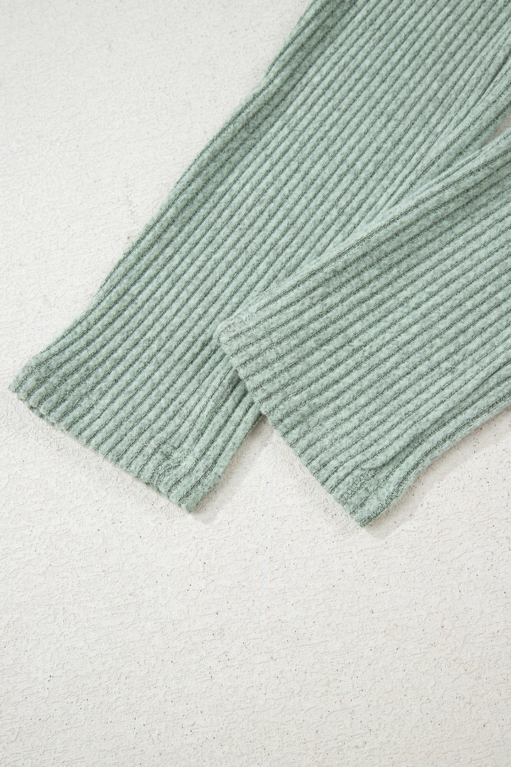 Grass Green Ribbed Notched Neck Knit Long Sleeve Leggings Two Pieces Lounge Set