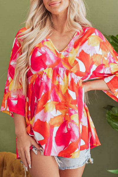 Orange Abstract Print 3/4 Sleeve V Neck Ruffled Babydoll Blouse