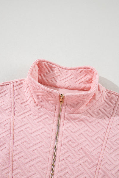 Light Pink Solid Textured Half Zipper Collared Sweatshirt