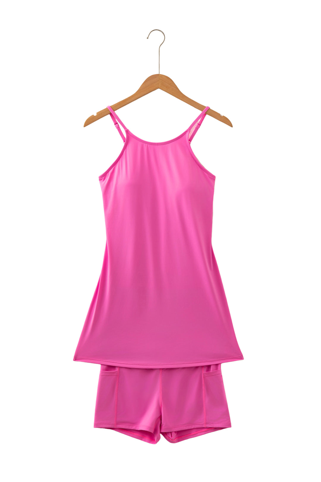 Bright Pink Solid Color Tunic Tank Dress Athletic Shorts Two Piece Set