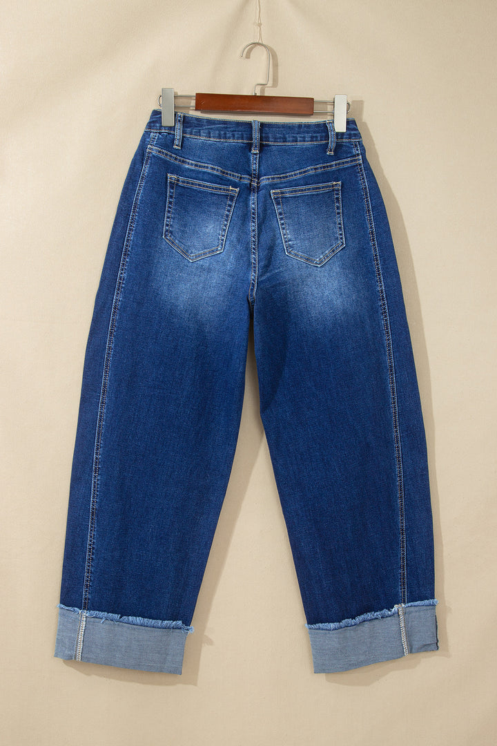 Sail Blue Raw Hem Turnup Loose Ankle-length Jeans