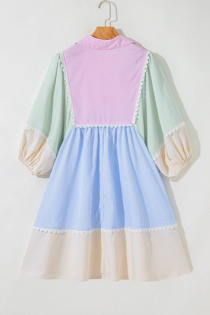 Joelle Striped Ric Rac Puff Sleeve Collared Mini Dress