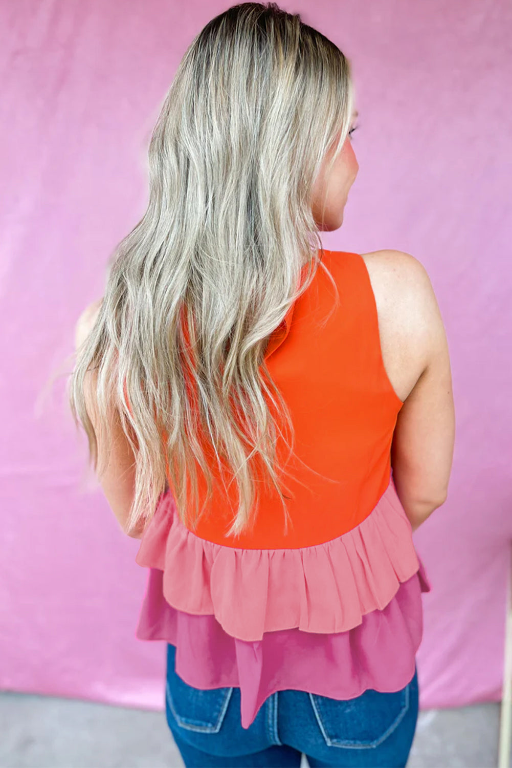 Orange Colorblock Tiered Hem Tank Top