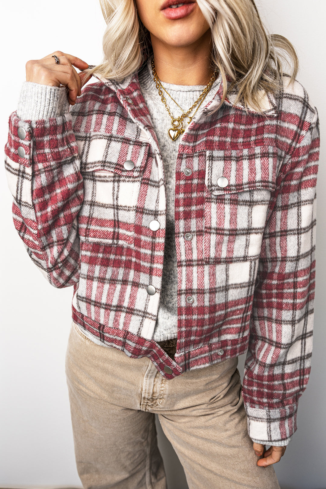 Red Plaid Flannel Metal Button Collar Long Sleeve Vintage Shift Jacket