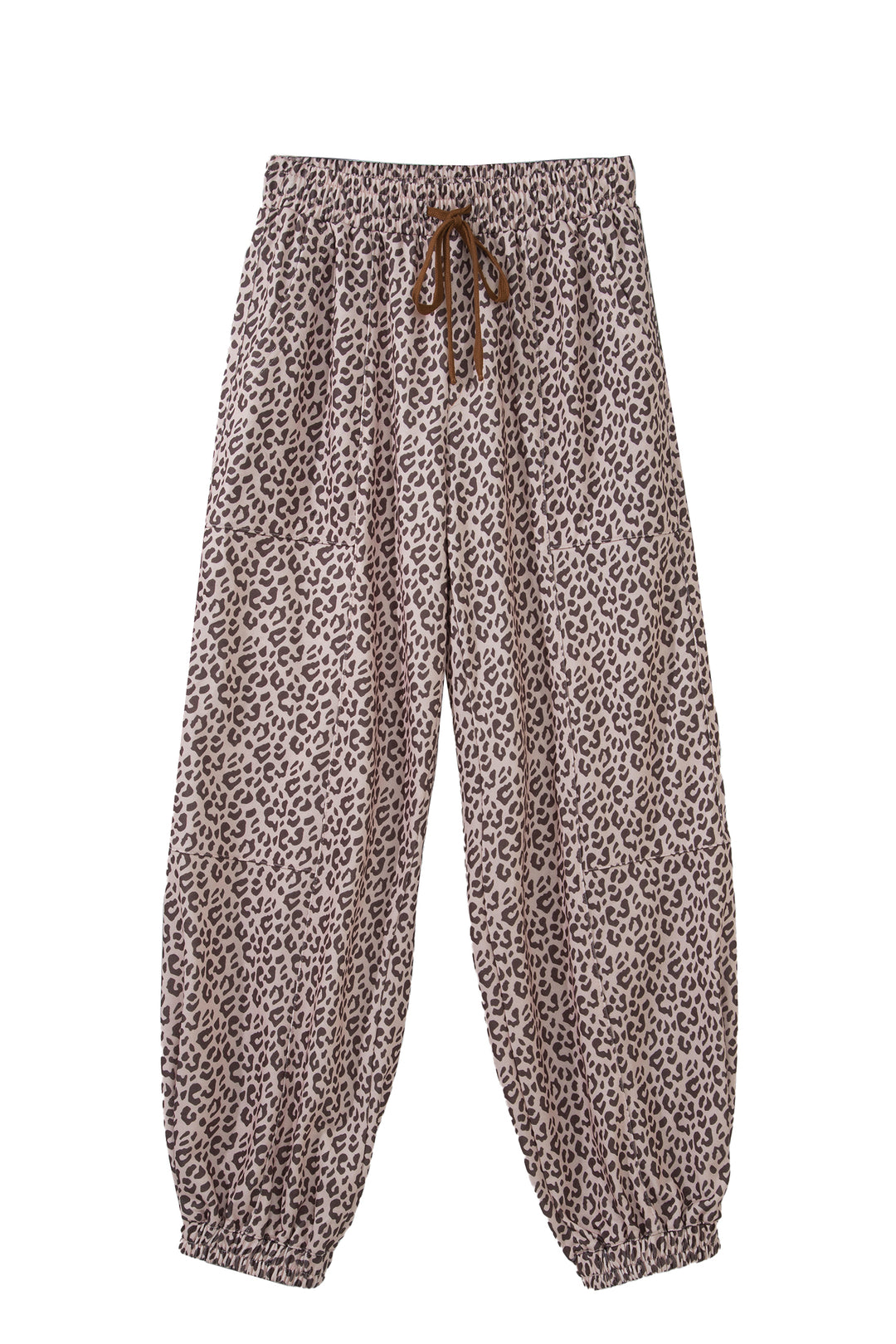 Khaki Leopard Print Elastic Waist Ankle Length Pants