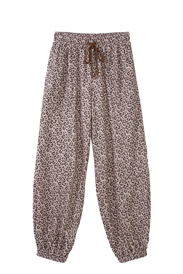 Khaki Leopard Print Elastic Waist Ankle Length Pants