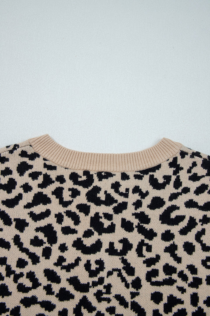 Black Leopard Drop Shoulder Chunky Knitted Cardigan Sweater