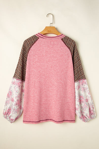 Fushia Mixed Print Patchwork Raglan Ribbed Knit Top