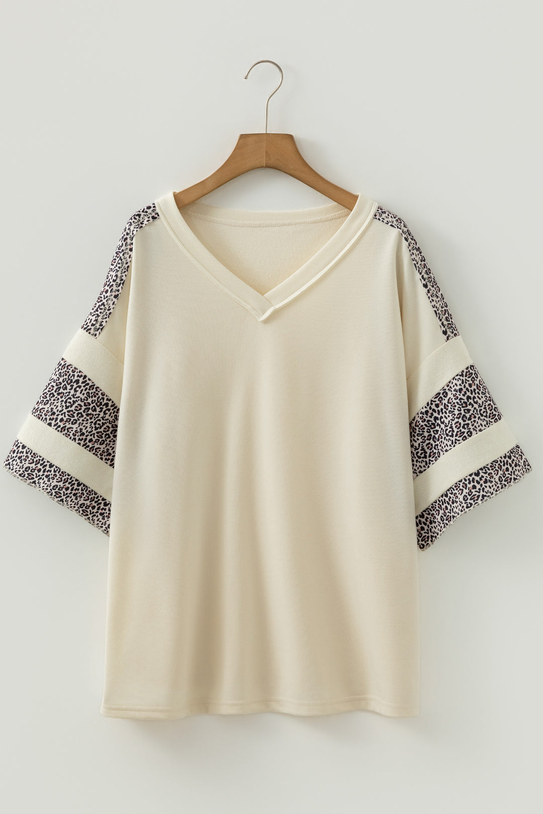 Apricot V Neck Exposed Seam Leopard Color Block Patchwork Half Sleeve Top