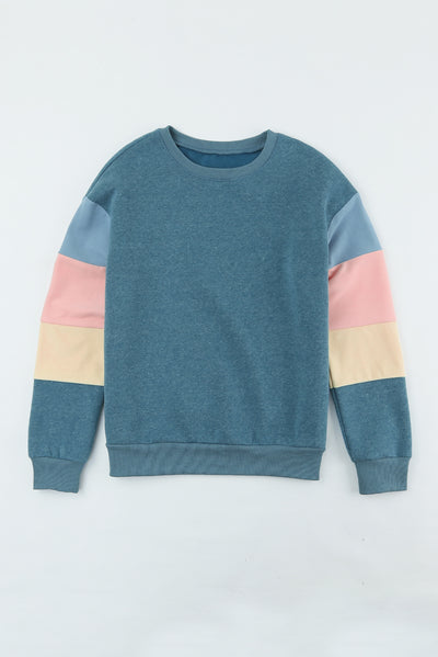 Blue Colorblock Long Sleeve Pullover Sweatshirt