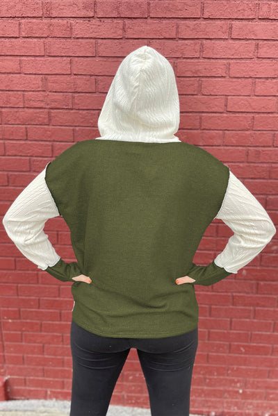 Jungle Green Color Block Textured Buttoned Kangaroo Pocket Hoodie