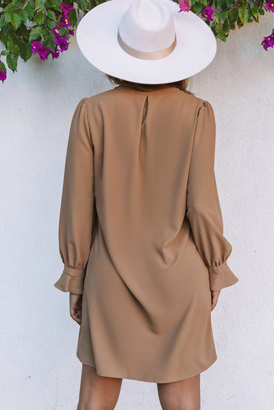 Apricot Split V Neck Ruffled Sleeves Shirt Dress