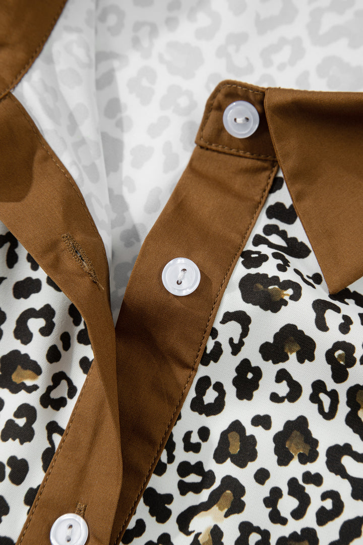 Khaki Plus Size Buttoned Contrast Trim Puff Sleeve Leopard Print Blouse