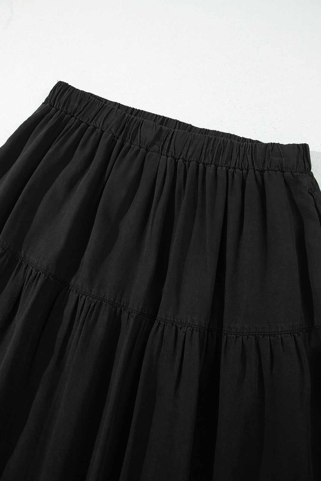 Black Elastic Waist Ruffled Tiered Flared Denim Maxi Skirt