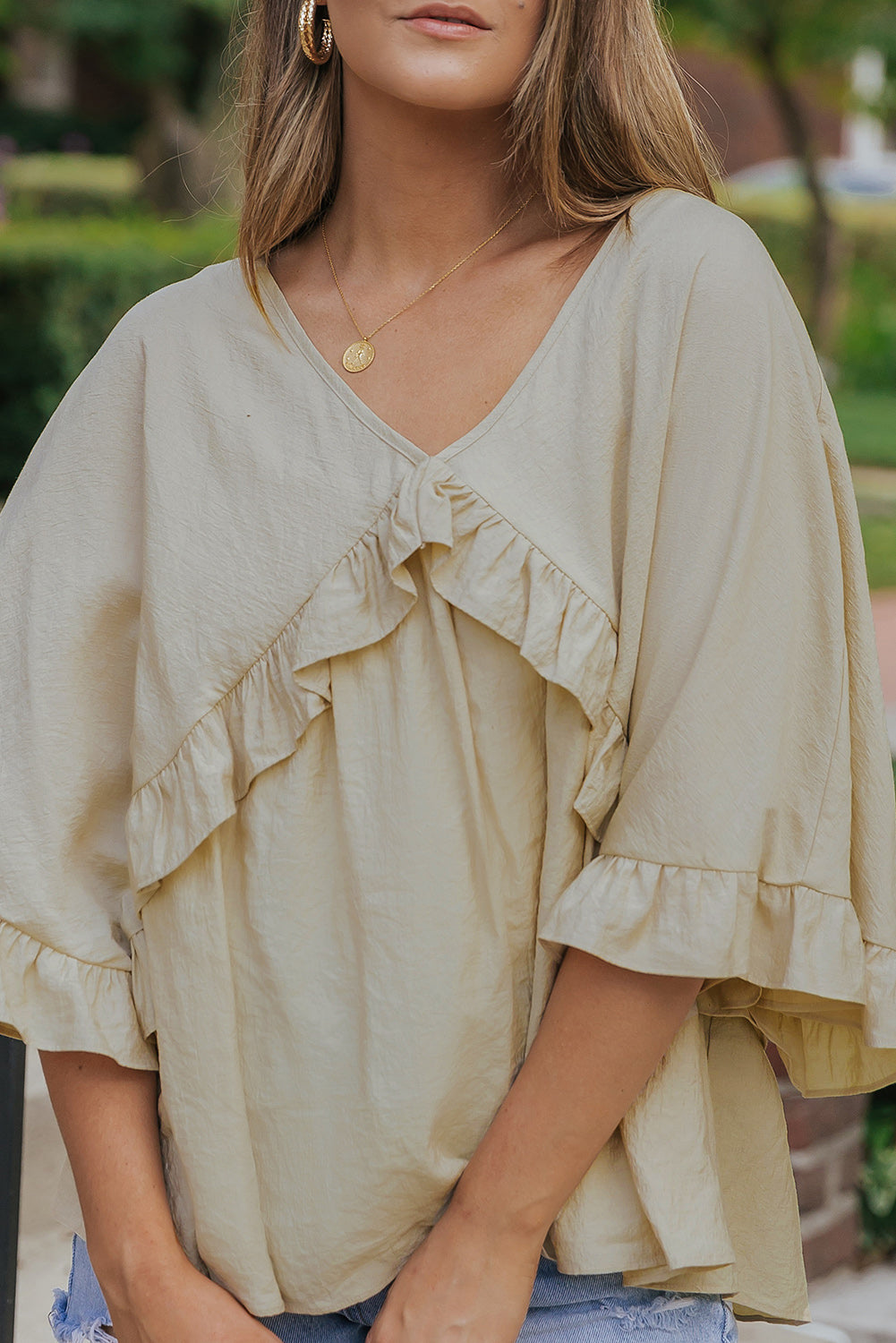 Apricot V Neck Draped Batwing Sleeve Ruffle Blouse