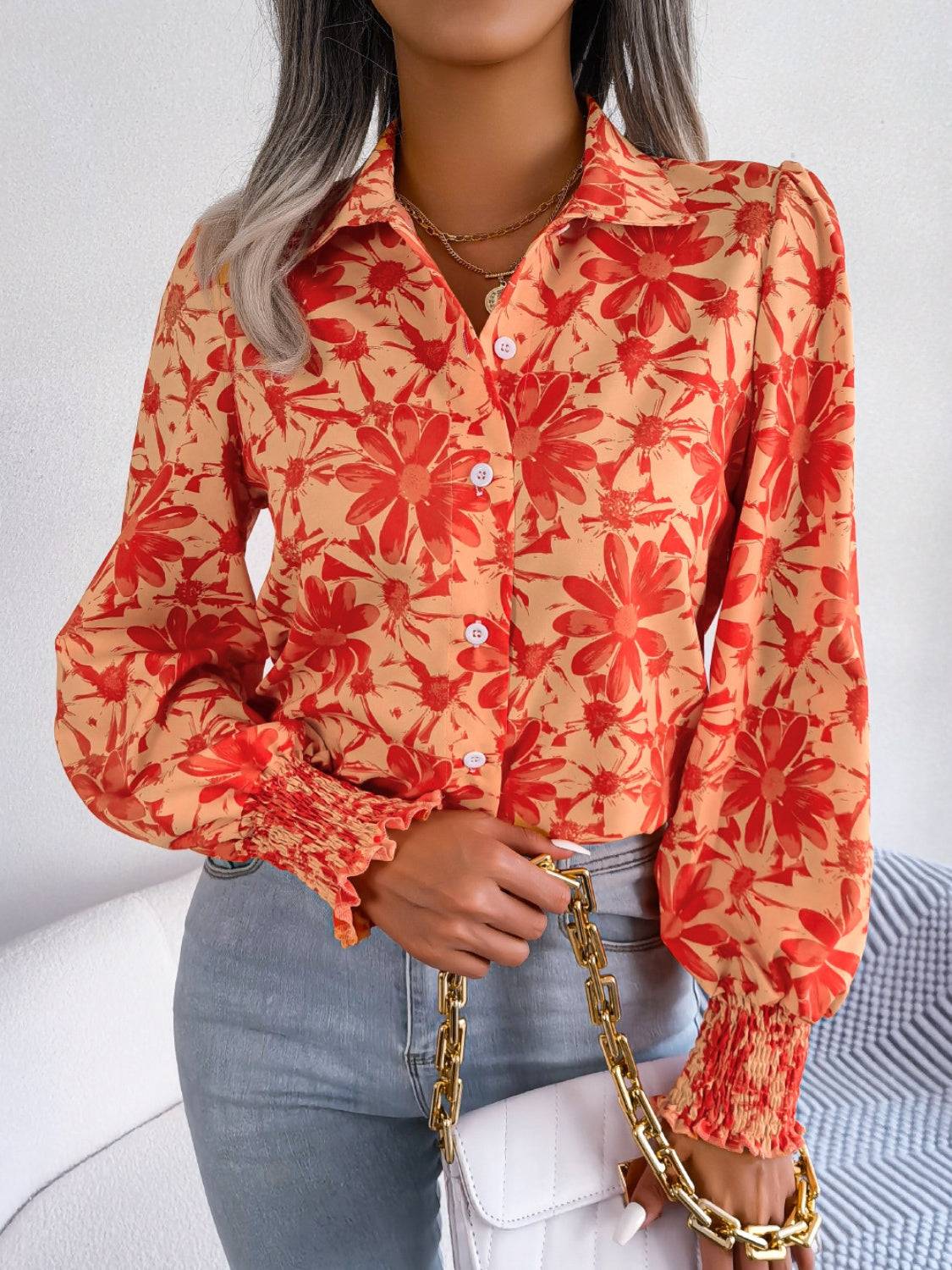 Floral Collared Neck Long Sleeve Shirt