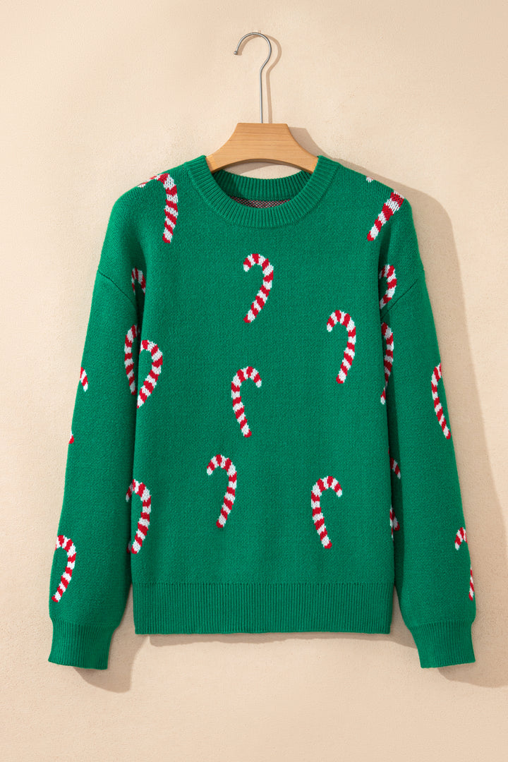 Dark Green Christmas Candy Cane Holiday Drop Shoulder Sweater