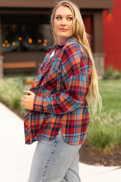 Red Plus Size Plaid Print Buttoned Shirt