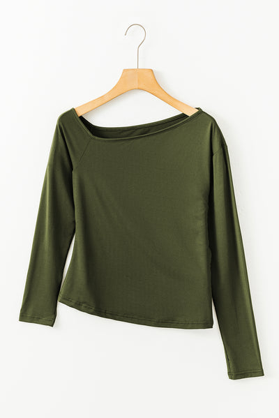 Green Asymmetrical Neckline Long Sleeve Knit Top