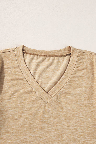 Pale Khaki Fashion Petal Sleeve V Neck T Shirt