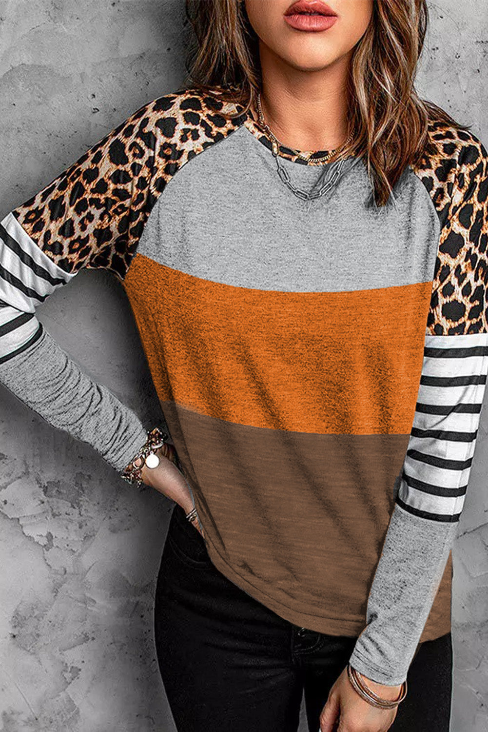 Gray Leopard Striped Color Block Long Sleeve Blouse