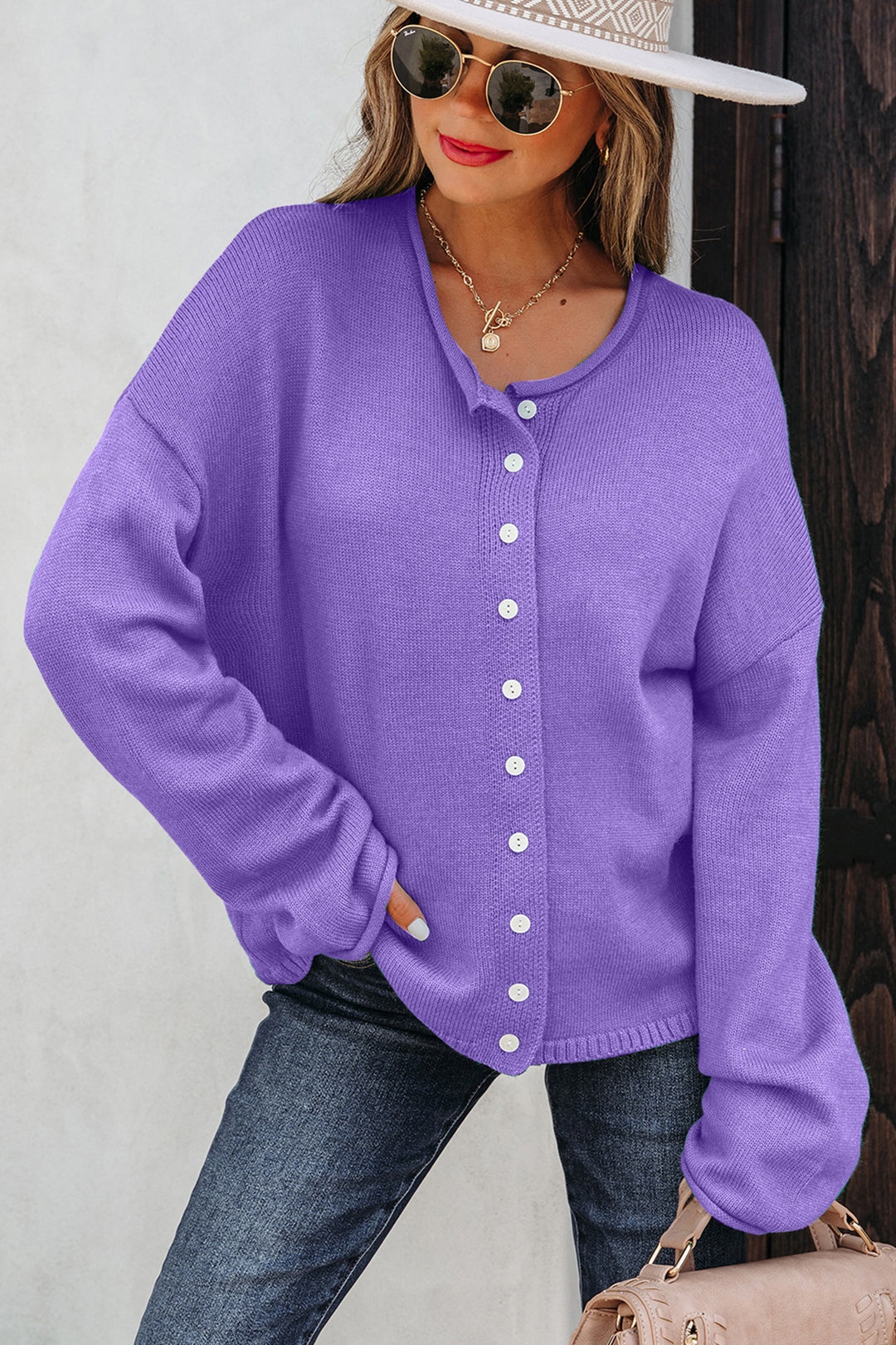 Wisteria Solid Color Knit Button Drop Shoulder Sweater Cardigan