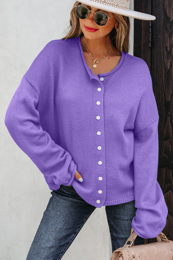 Wisteria Solid Color Knit Button Drop Shoulder Sweater Cardigan