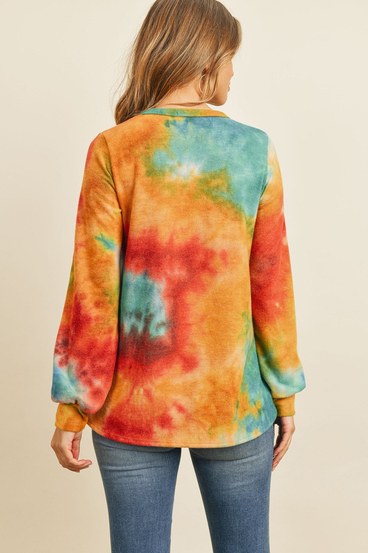 Long Sleeve Boat Neck Tie Dye Round Hem Top