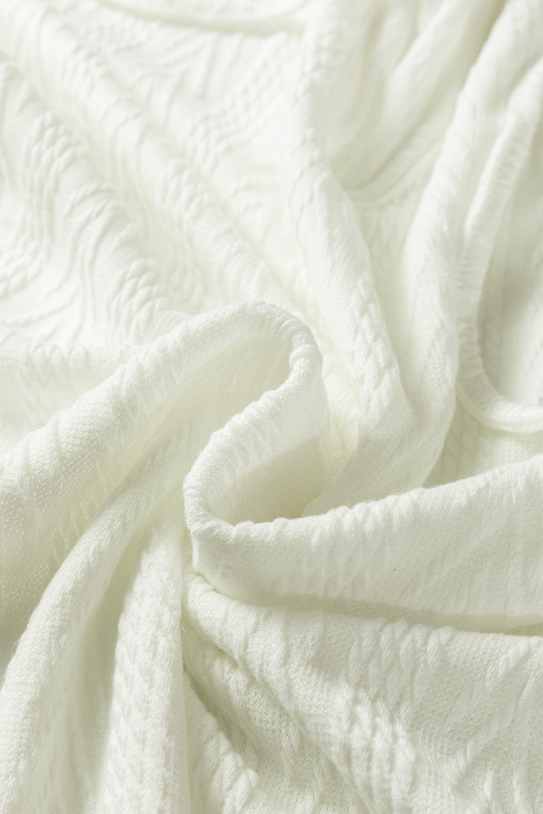 White Floral Patchwork Textured Knit Drawstring V Neck Blouse