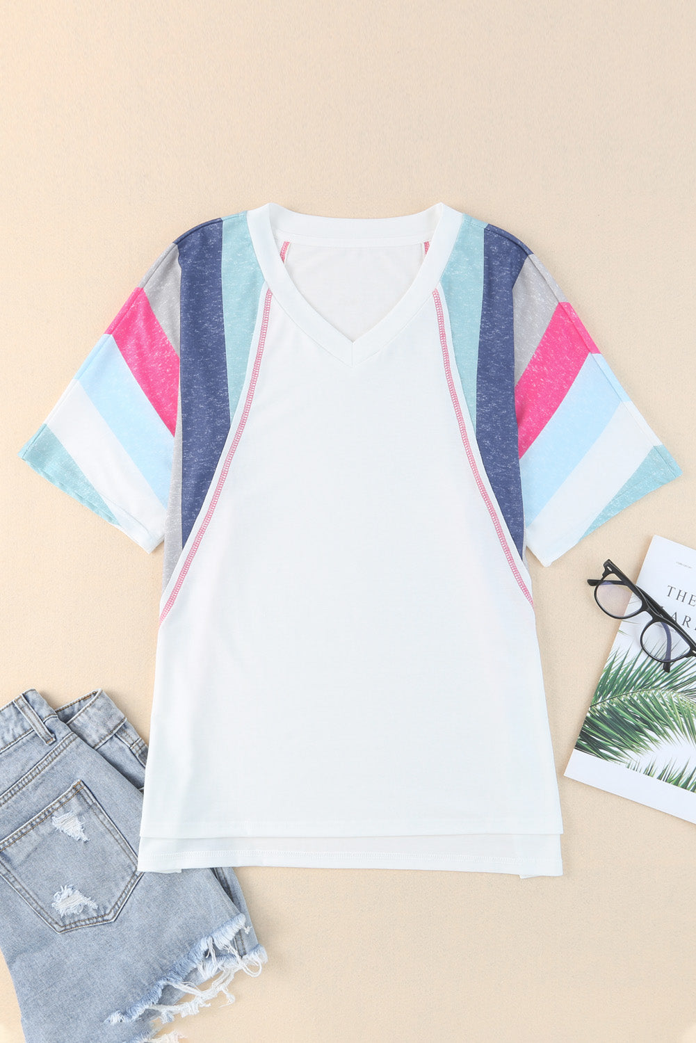 White Stripe Patchwork V Neck T Shirt