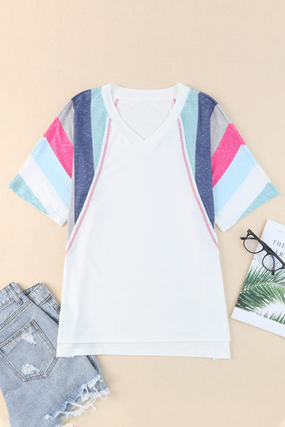 White Stripe Patchwork V Neck T Shirt