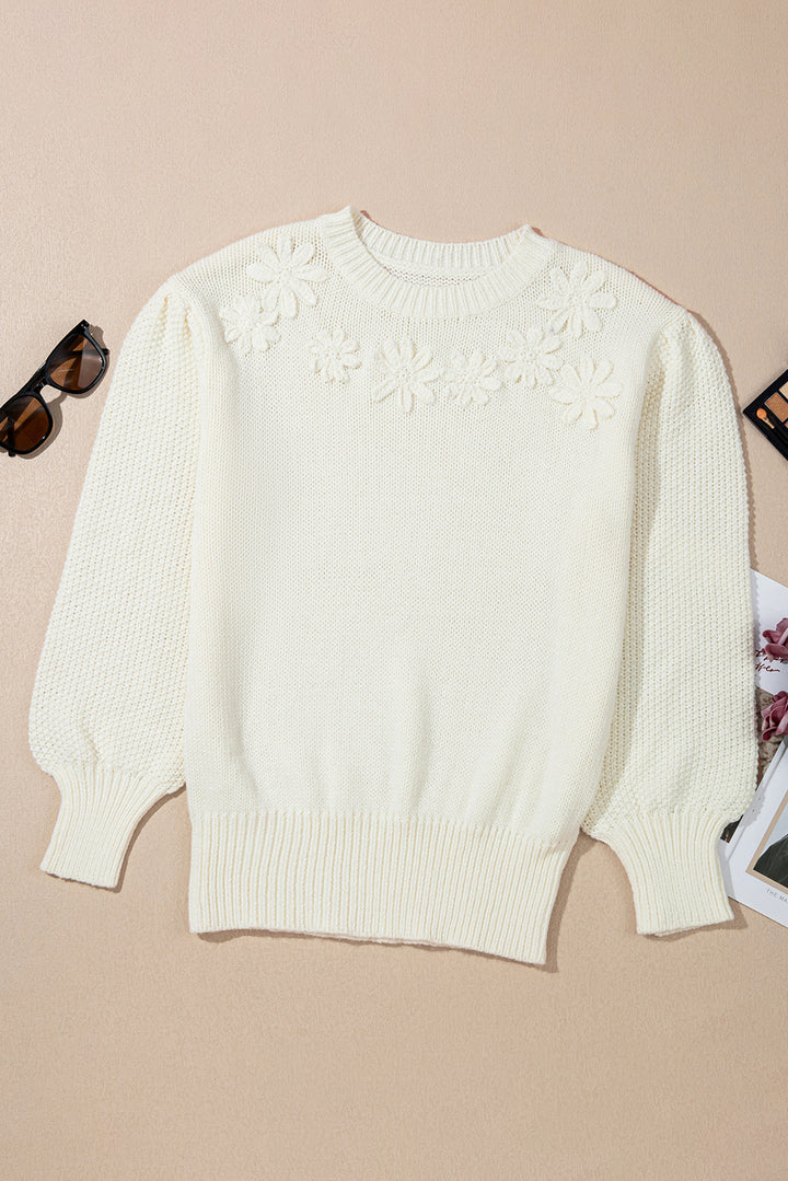 White Flower Detail Round Neck Contrast Textured Puff Sleeve Sweater