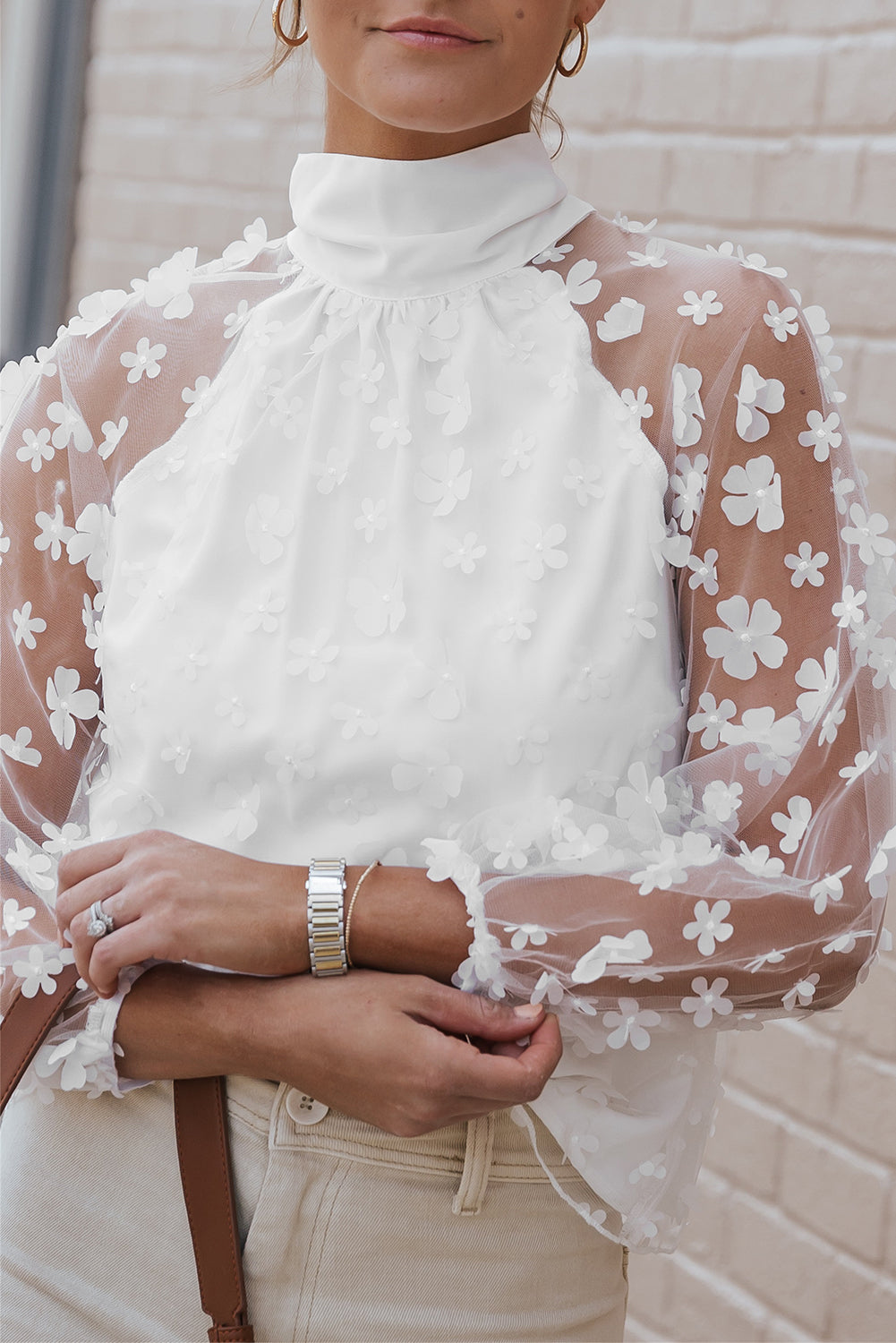 White Mock Neck Floral Mesh Long Sleeve Top