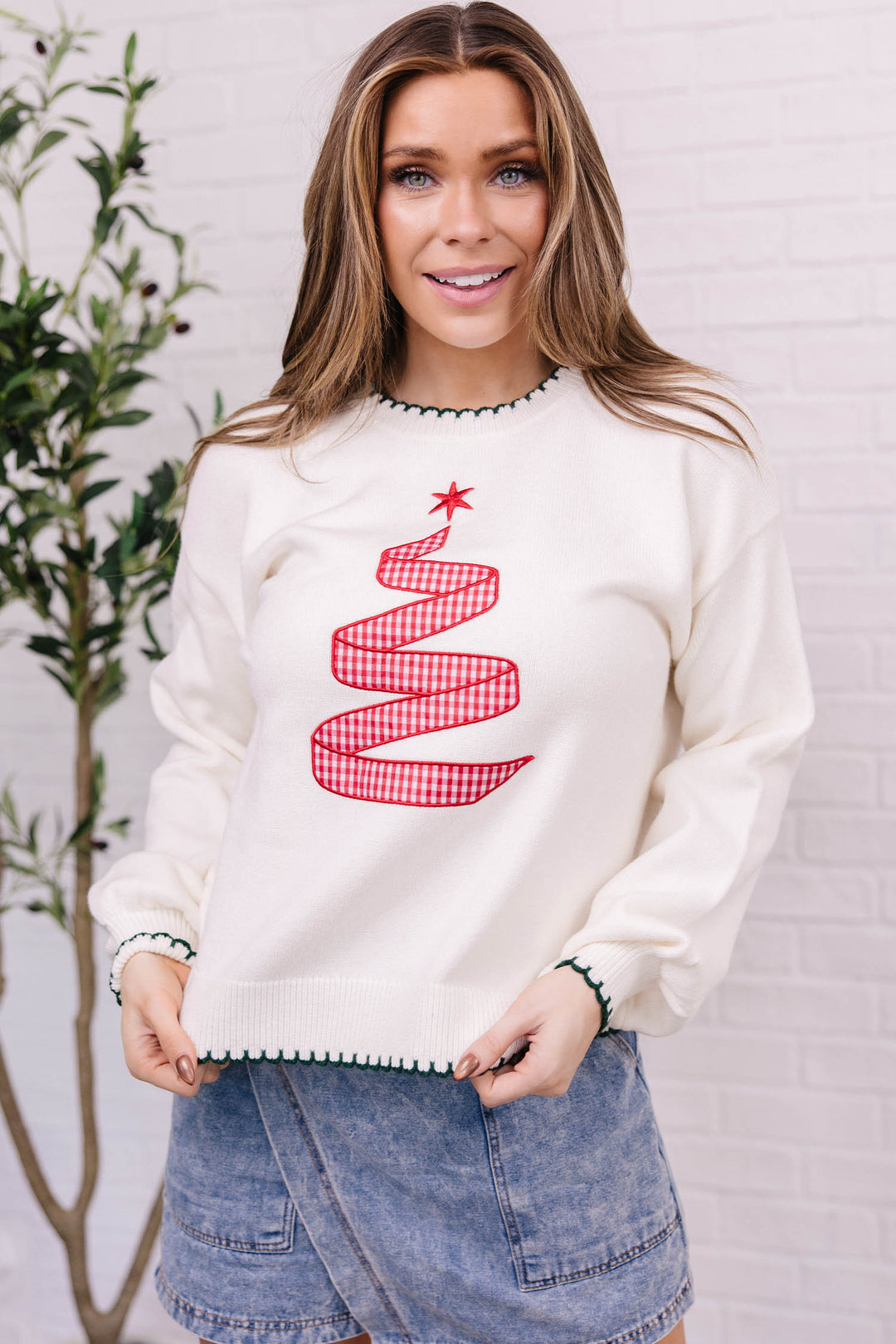 Beige Stitched Detail Christmas Tree Holiday Casual Sweater