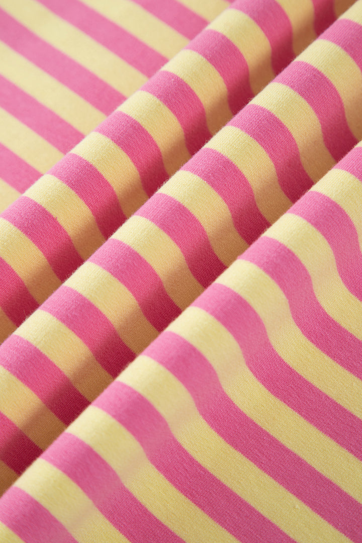 Pink Stripe Colorblock Trim Crew Neck Loose Tee Drawstring Elastic Waist 2pcs Pant Set