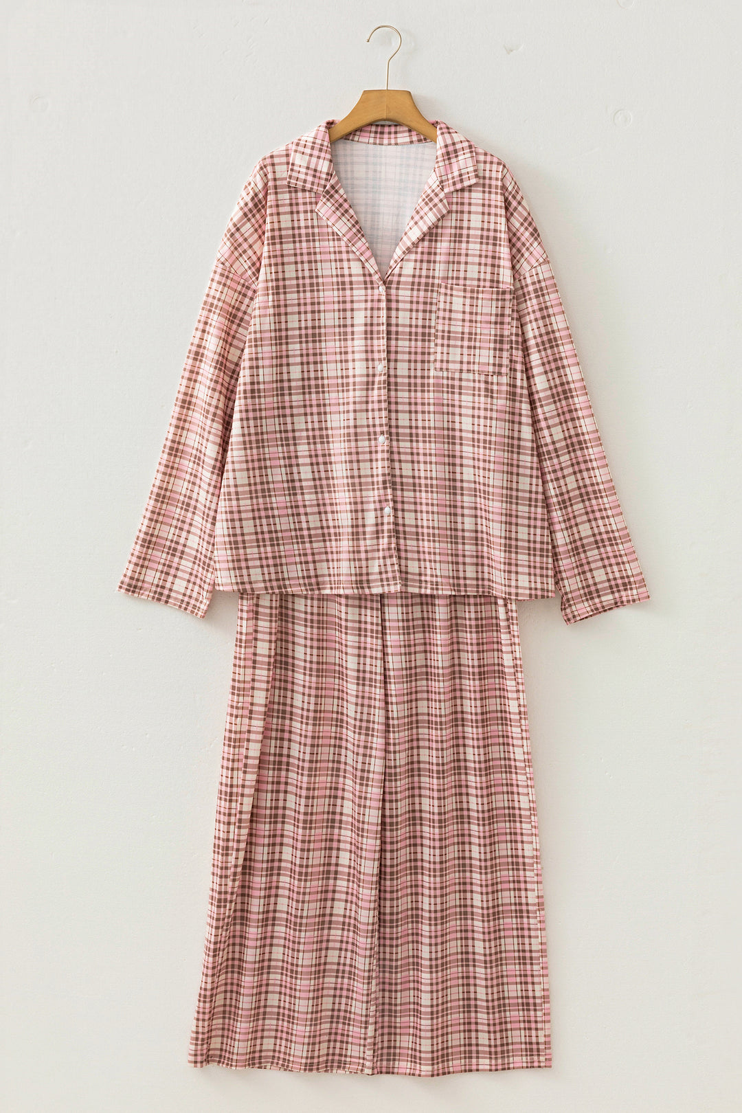 Pink Plaid Patch Pockets Long Sleeve Lounge Set