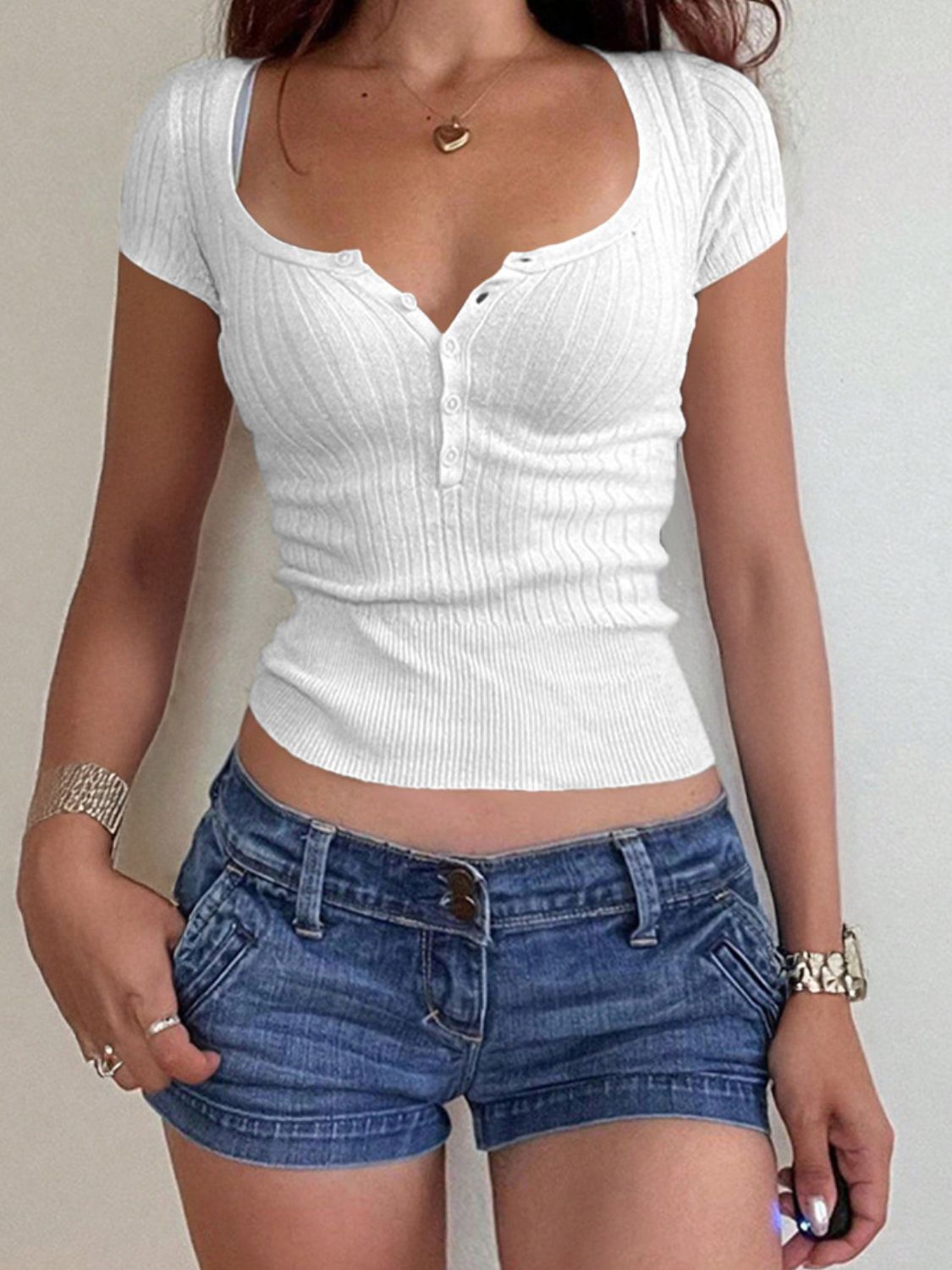 Half Button Scoop Neck Short Sleeve Knit Top