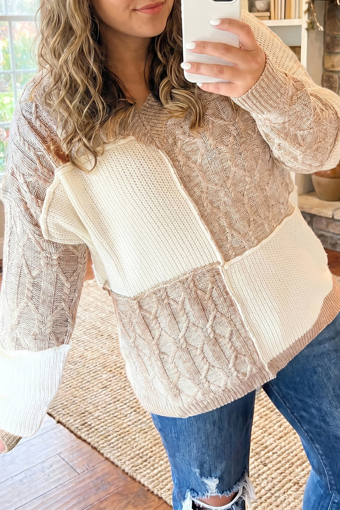Parchment Colorblock V Neck Long Sleeve Tunic Loose Fit Plus Size Sweater